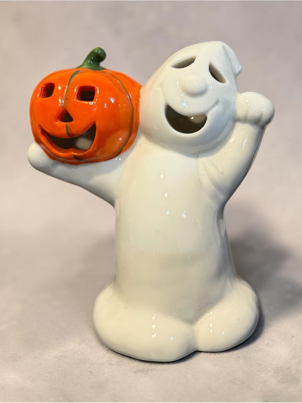 Vintage Halloween Ghost with Orange Jack-o'-Lantern Tea Light Candle Holder
